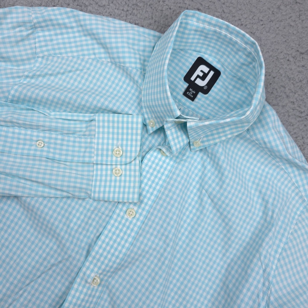 FootJoy Mens Long Sleeve Golf Shirt Gingham Check Blue‎ White Size